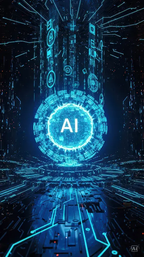 A blue ai central core wallpaper showing a massive cybernetic pillar glowing with bright cyan neon circuitry and floating data symbols.