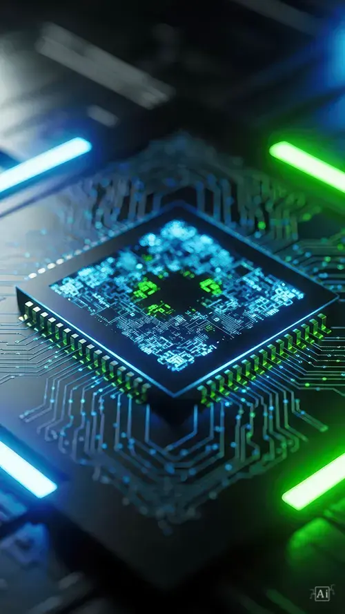 A blue green motherboard CPU wallpaper detailing a central microchip illuminated by vibrant neon traces.