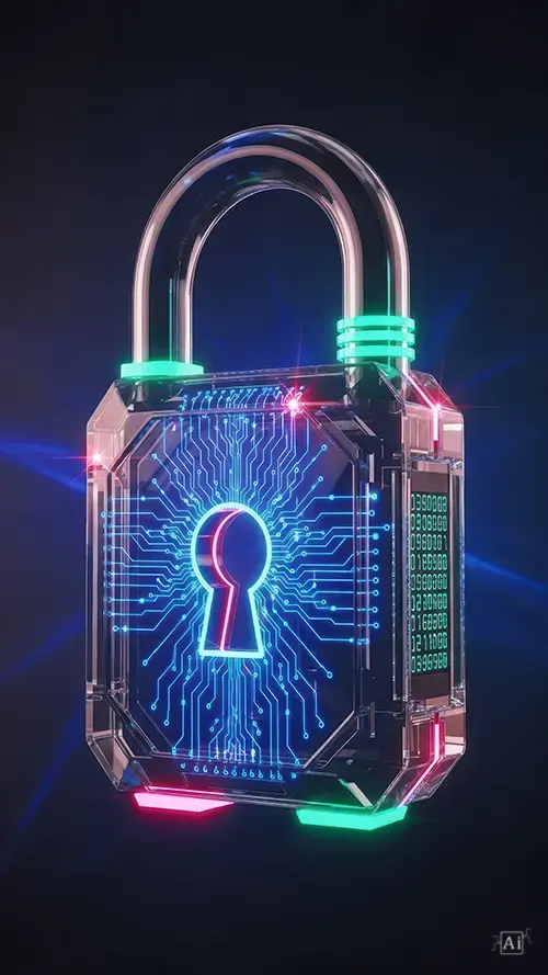 A cybersecurity digital padlock wallpaper showing a transparent lock with a glowing keyhole and circuit traces.