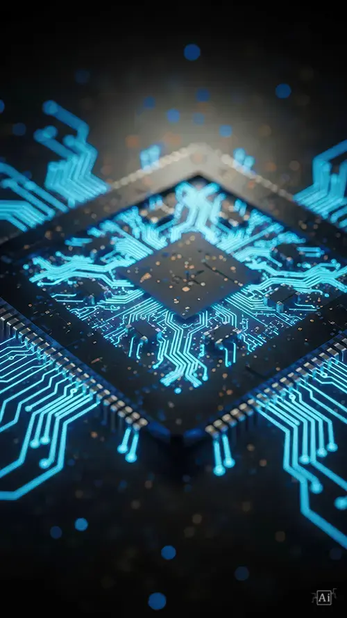A dark mode blue microchip wallpaper with a central processor and glowing cyan pathways fading into black.