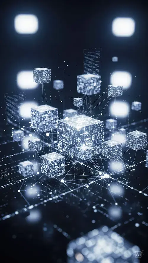 A floating quantum data cubes wallpaper showing interconnected silver blocks glowing with digital data networks in a dark void.