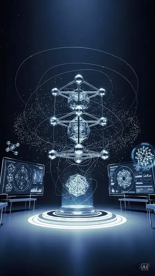 A futuristic atomic hologram lab wallpaper displaying a glowing silver molecular structure floating between two digital computer screens.