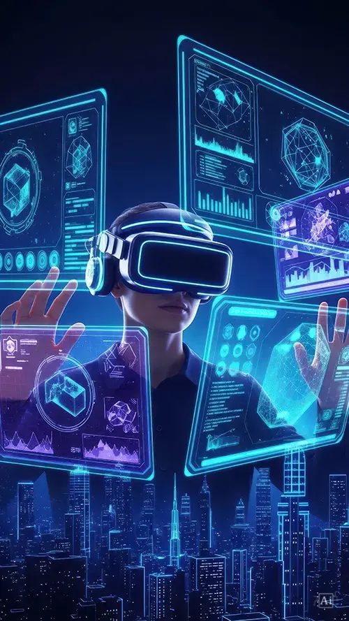A futuristic vr hologram city wallpaper showing a person using a VR headset to manipulate glowing blue digital screens over a dark city.