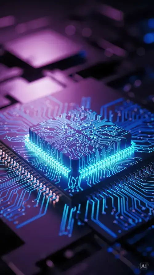 A glowing cpu circuit board wallpaper showing a highly detailed microchip with cyan data lines.
