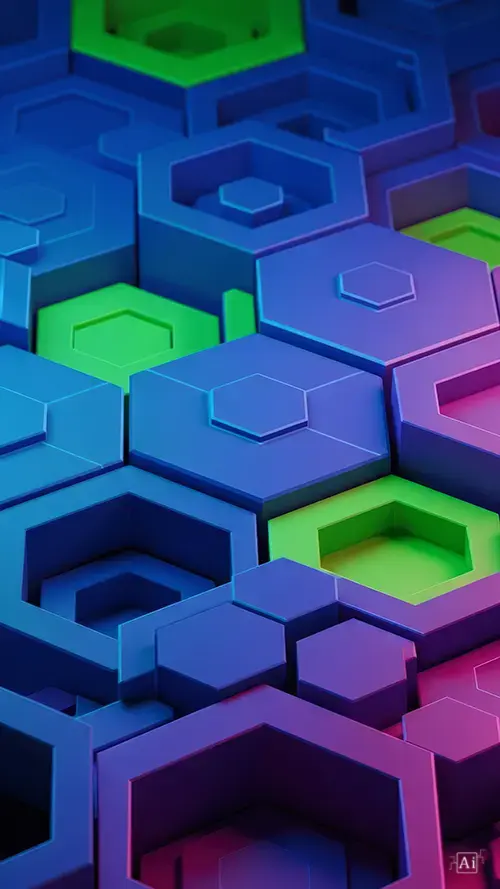 Vibrant macro neon 3d honeycomb pattern wallpaper in blue, pink, and green for AMOLED screens.