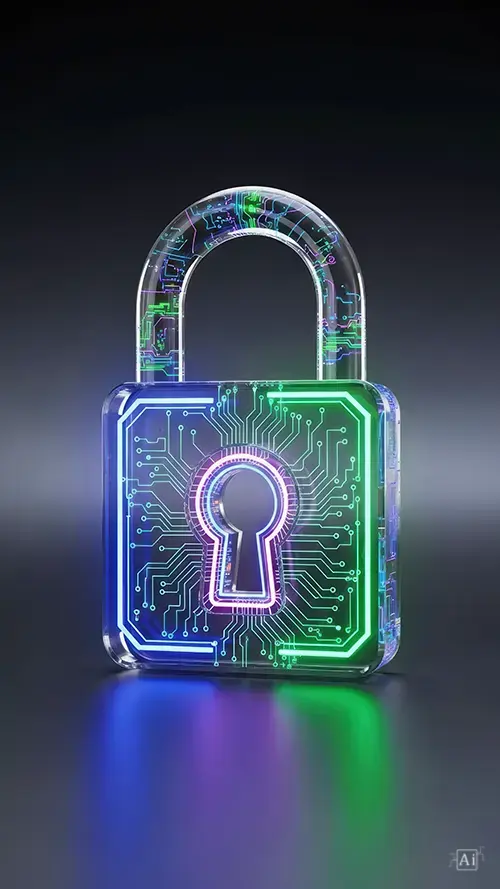 A neon circuit padlock wallpaper displaying a transparent glass lock filled with glowing green and purple digital pathways.