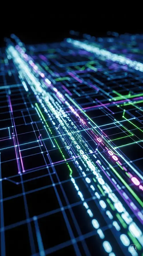 A glowing neon data stream amoled wallpaper showing abstract cyan and purple networking lines over a true black background.