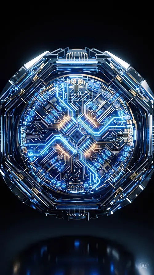 A quantum microchip core wallpaper featuring a circular processor with highly detailed gold and blue neon circuitry.