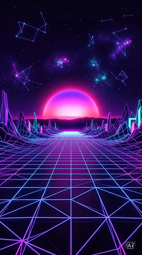 Small preview of a retrowave synthwave amoled wallpaper 4k with neon grid.