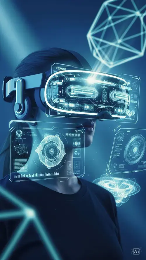 A VR headset hologram wallpaper showing a woman wearing virtual reality gear surrounded by glowing blue digital geometric screens.